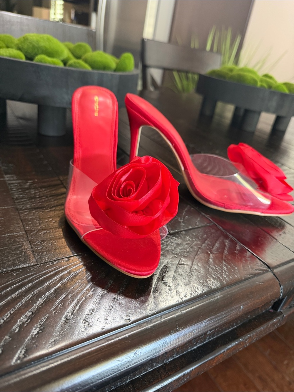 PrettyLittleThing Red Rose Accent Clear Strap Mule Heels